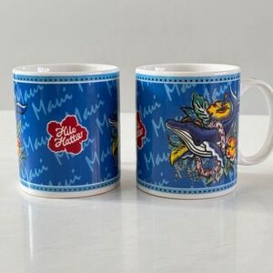 Vintage Hilo Hattie Maui Coffee Mugs Set of 2 Whale Blue Hawaiian Lei 2002 Aloha